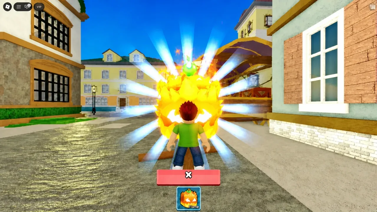 A Flame fruit attack being used in-game right after a gacha roll