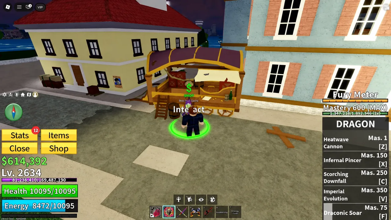 The Shop prompt open at the Blox Fruit Gacha cart in Middletown