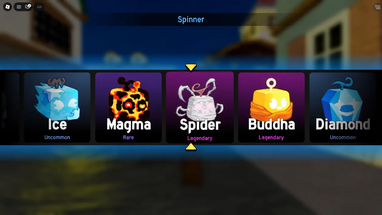 The gacha spinner cycling with the Spider fruit highlighted