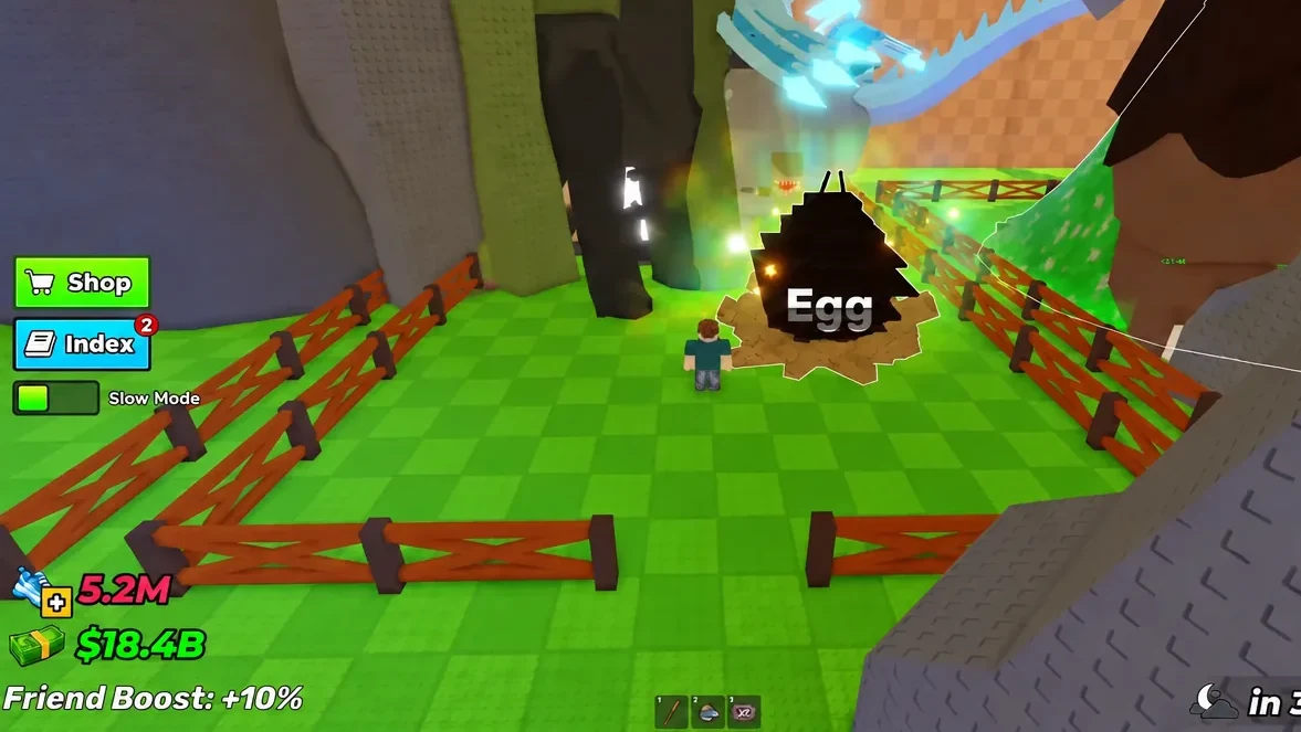 Player walking up to a highlighted Egg in their base ready to interact with it