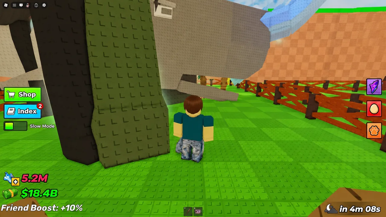 Steal an Egg gameplay view with the Shop button on the left as the player moves through the map
