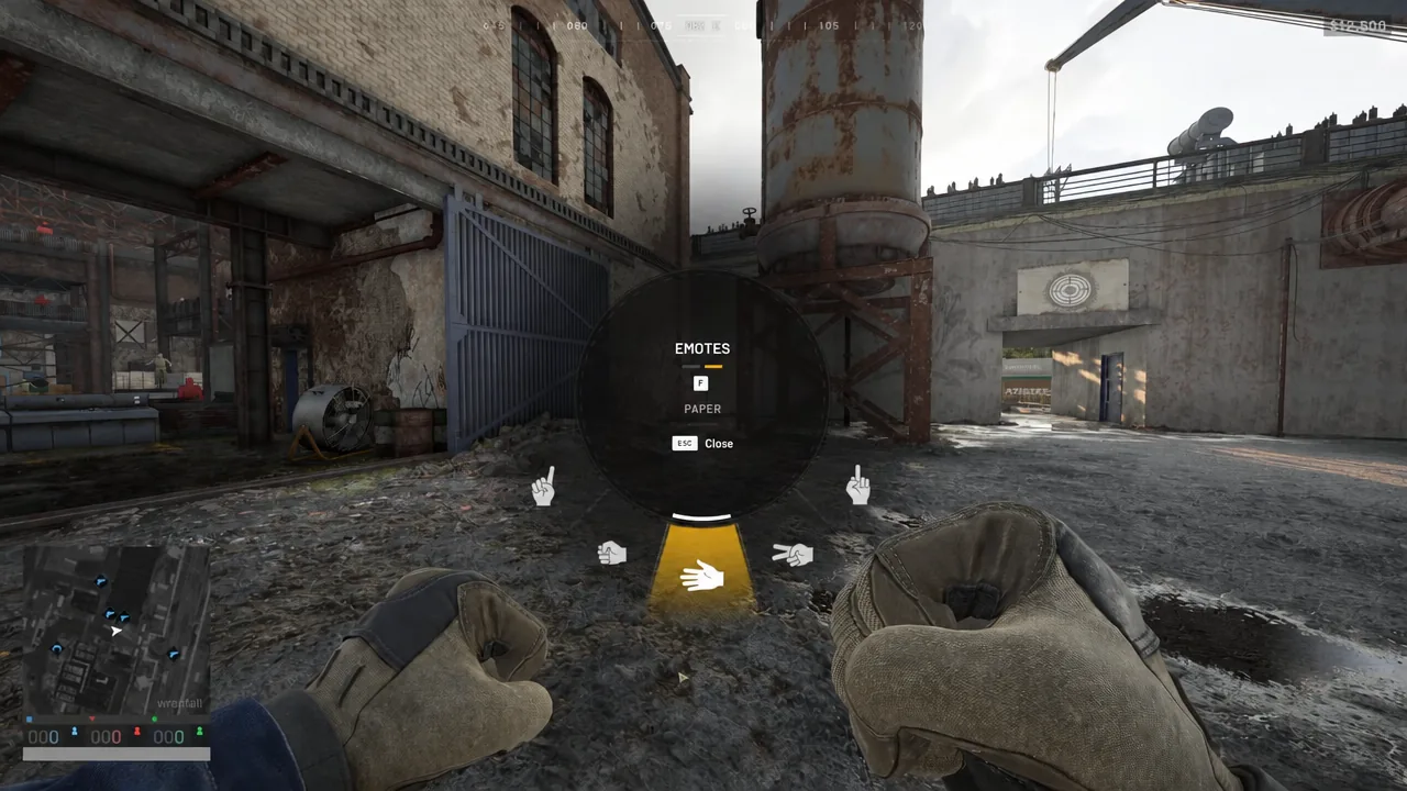 Wardogs emote radial menu open with the Paper emote highlighted