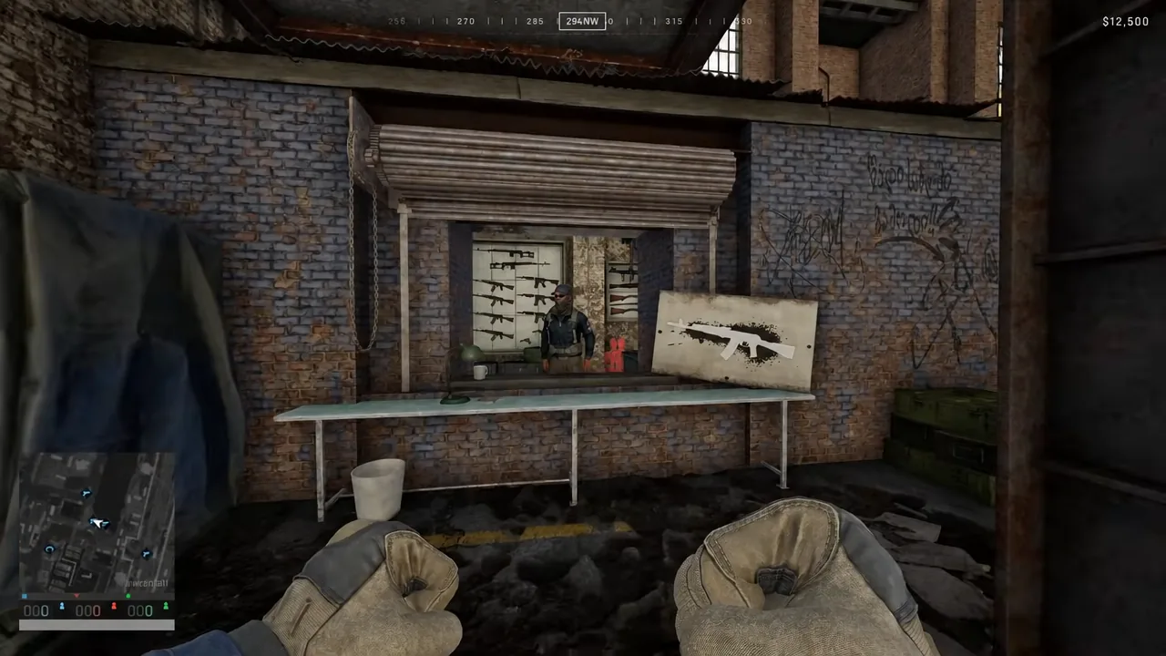 Player walking up to the Wardogs weapon vendor counter with rifles on display