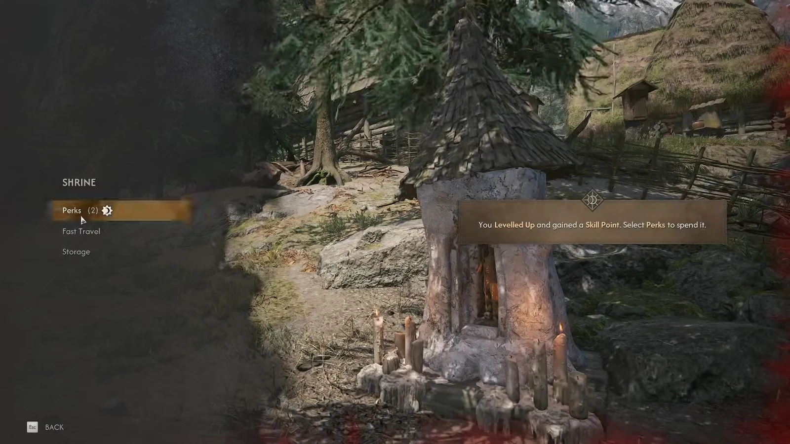 Shrine menu with Perks (2) highlighted and a prompt to spend a newly earned skill point.