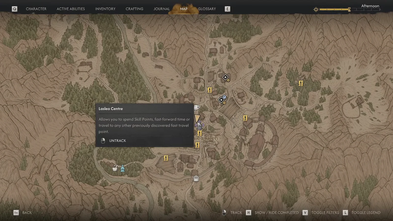 Map view of the Laslea Centre Shrine with its tooltip listing skill points, time skip and fast travel.