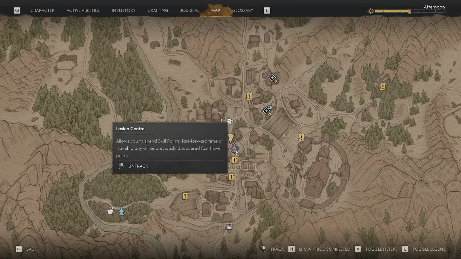 Map screen showing the Laslea Centre marker already tracked, with the untrack option available.