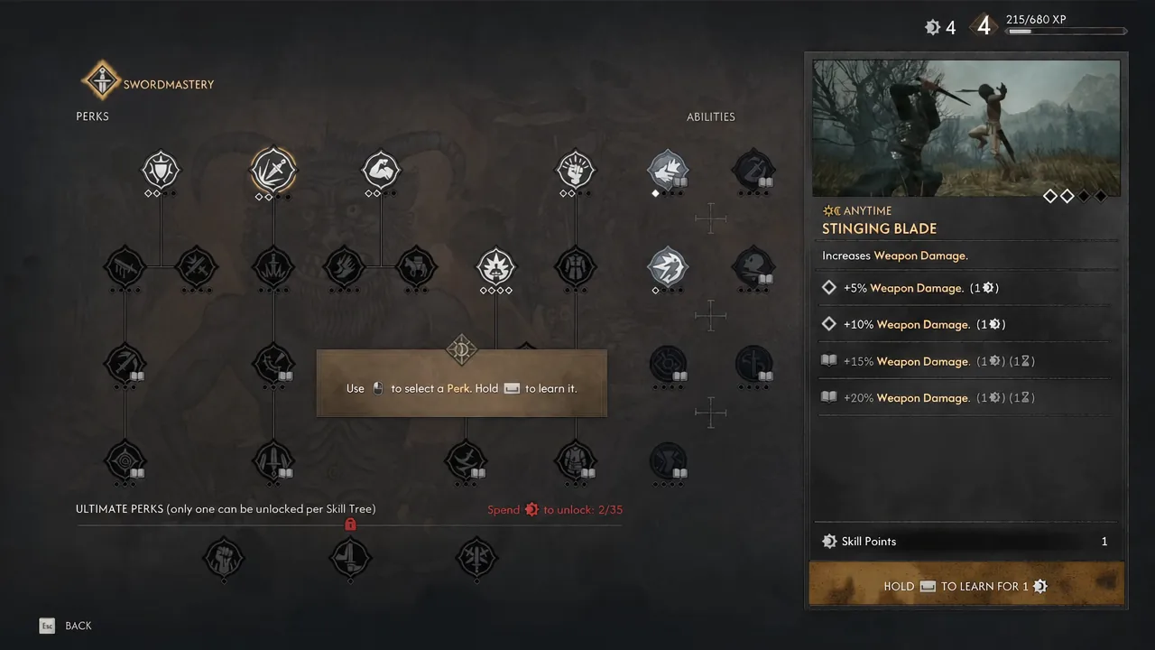 Swordmastery tree with Stinging Blade selected and an on-screen prompt to hold the button to learn it.