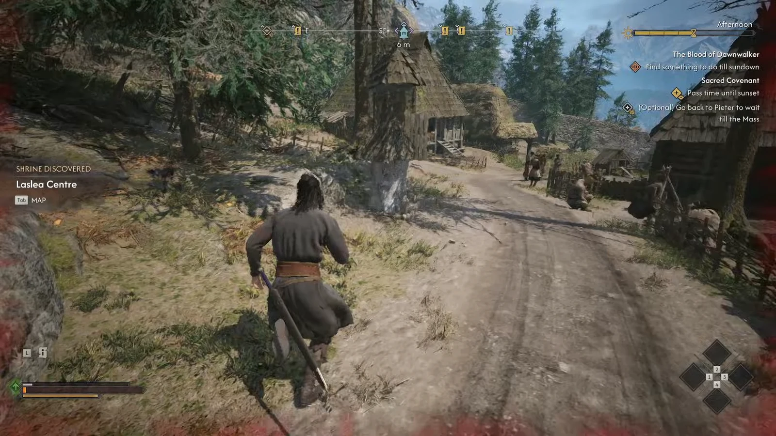 Gameplay banner reading Shrine Discovered: Laslea Centre as Coen runs through a village.
