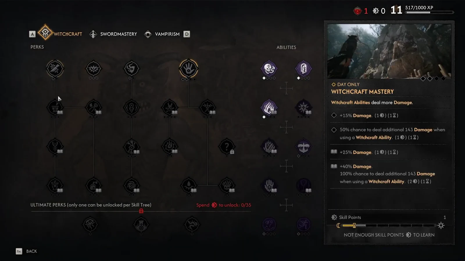 Witchcraft Mastery node selected in the skill tree with a warning that skill points are insufficient