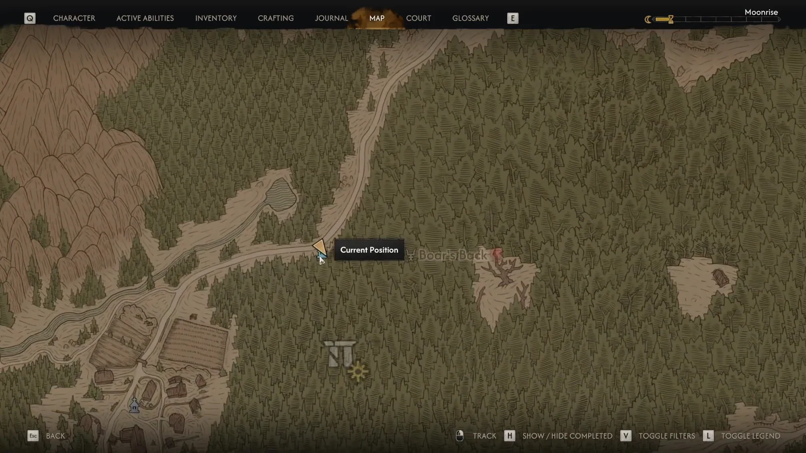 World map screen showing Coen's current position marker near Boar's Back with nearby Shrine icons