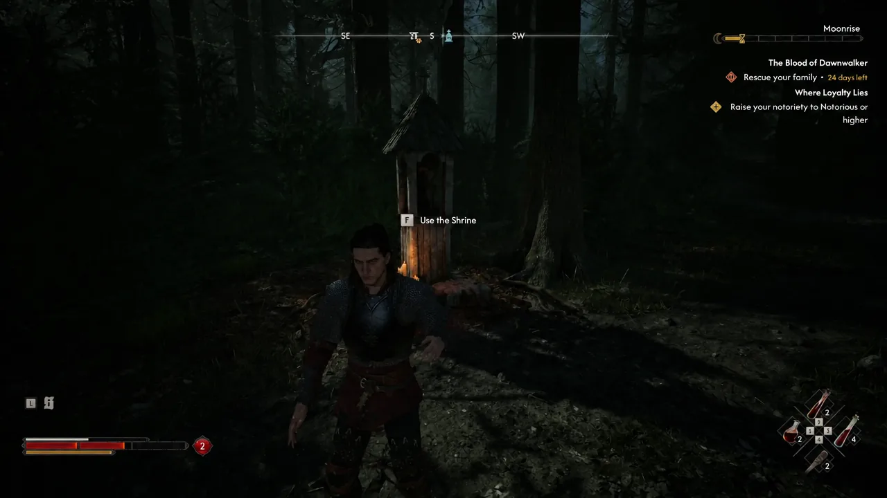On-screen prompt to press F and use the Shrine while standing in front of it