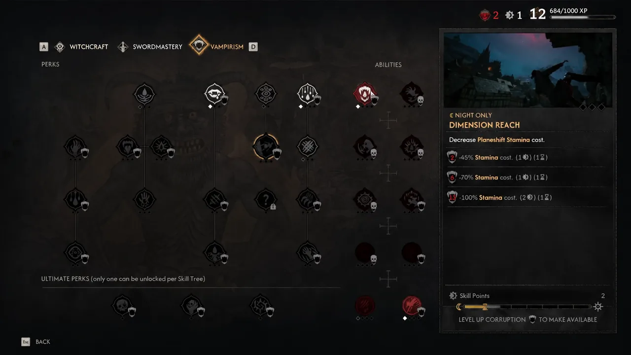 Vampirism skill tree with Dimension Reach highlighted and its upgrade details shown