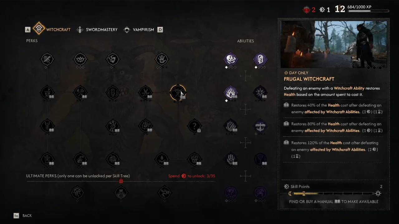 Witchcraft perk list with Frugal Witchcraft highlighted and its description panel open
