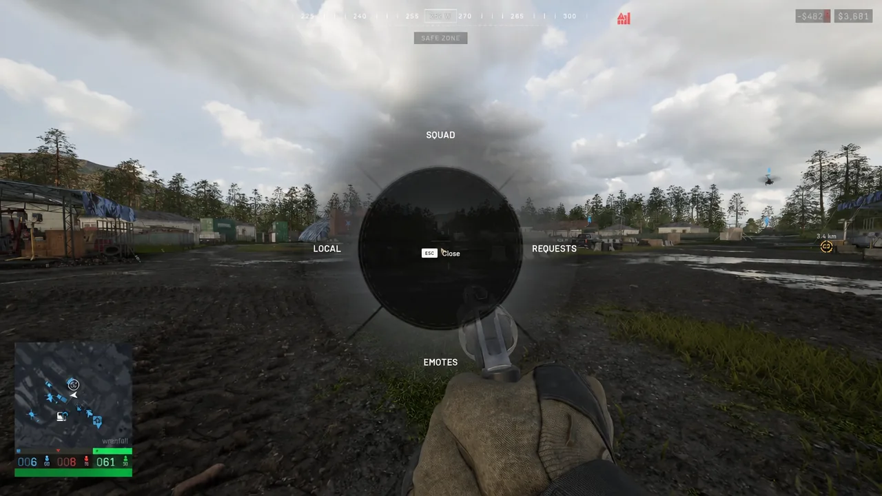 Wardogs communication radial menu showing Squad, Local, Requests, and Emotes with Close in the center
