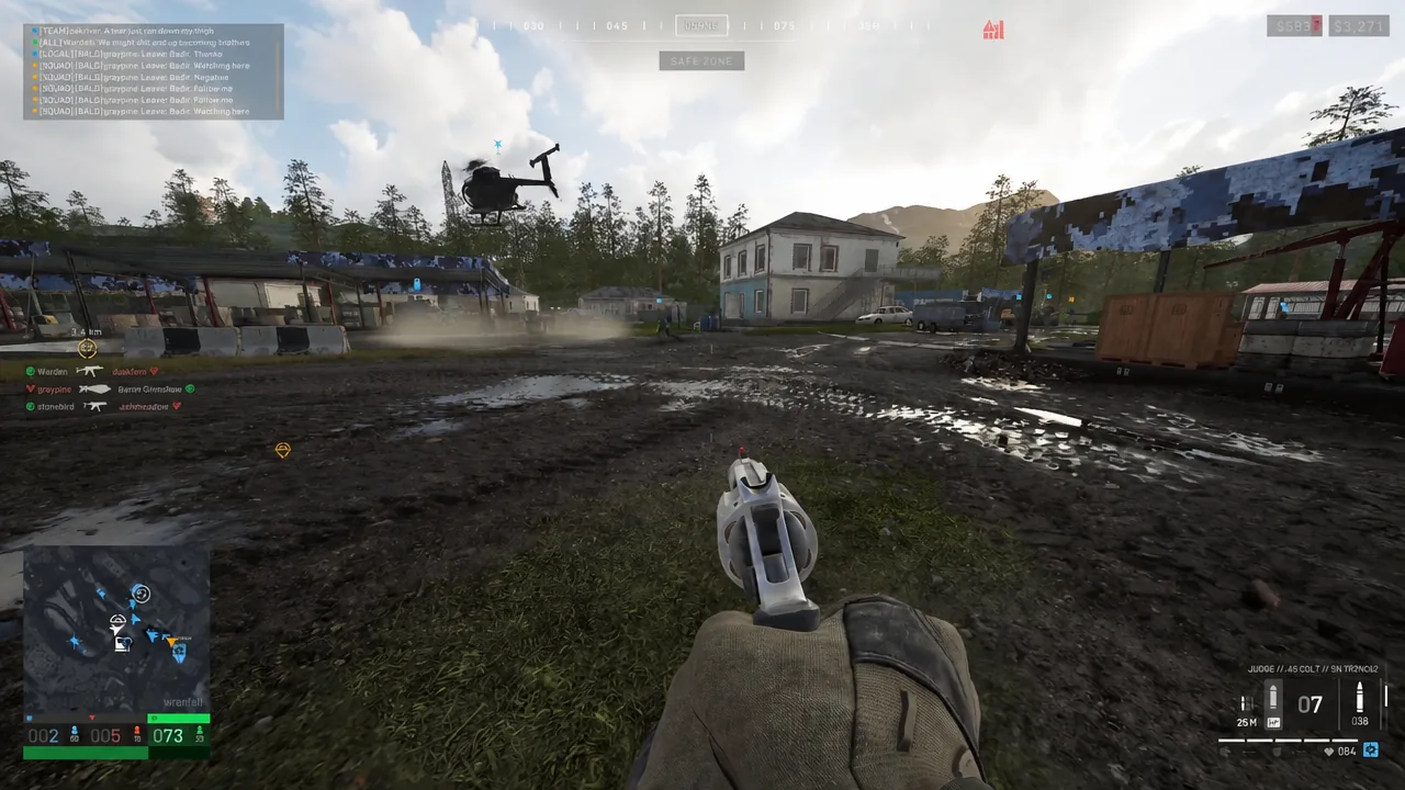 Player walking through a muddy checkpoint area inside the Safe Zone with a revolver equipped