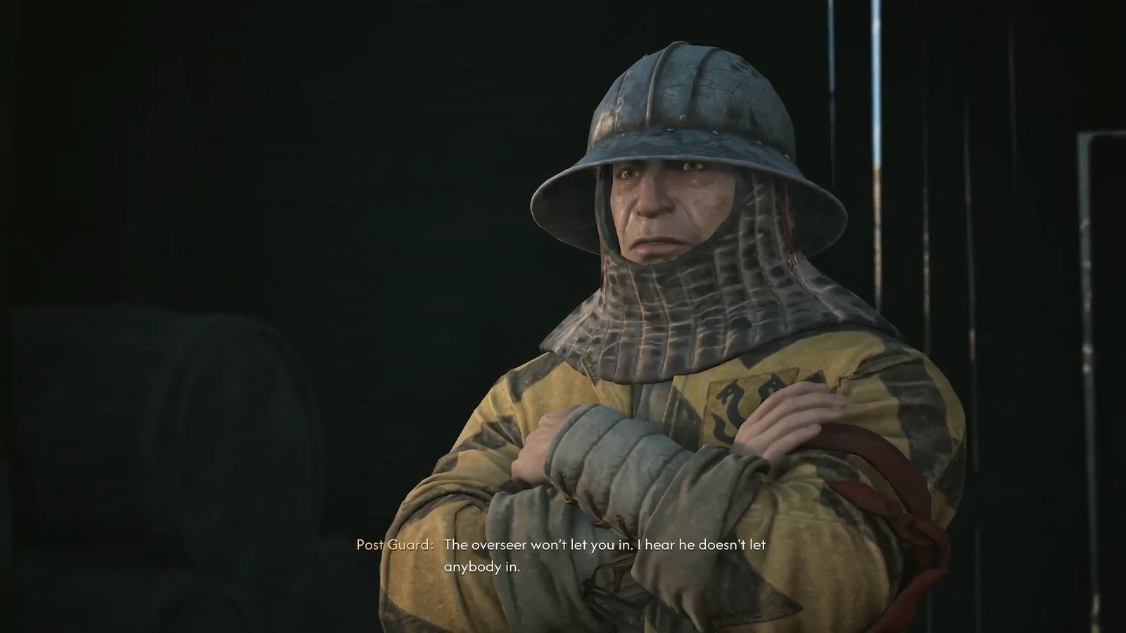 Cutscene of the Post Guard standing in front of the gate and questioning Coen