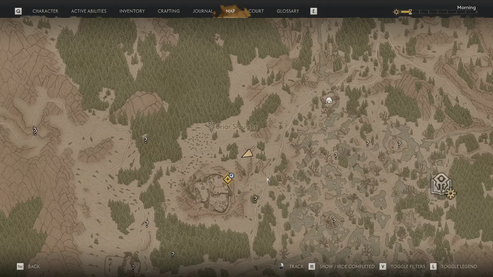 The Briar Sloughs map screen with the player marker south of Stelan's Redoubt