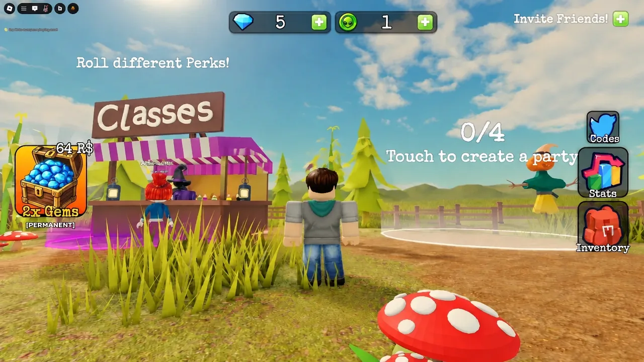Classes screen in the lobby with the party creation area highlighted for the player to touch