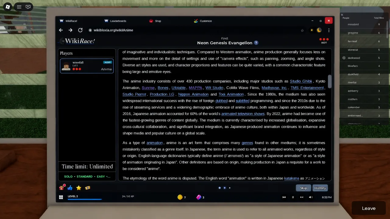 WikiRace showing the Neon Genesis Evangelion target above the Anime article with skip and history controls