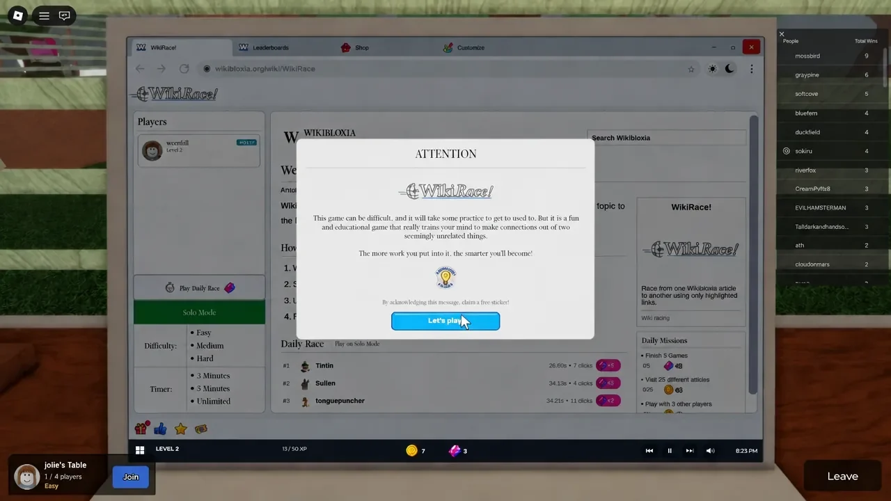 WikiRace attention dialog with the let's play option highlighted before a round starts