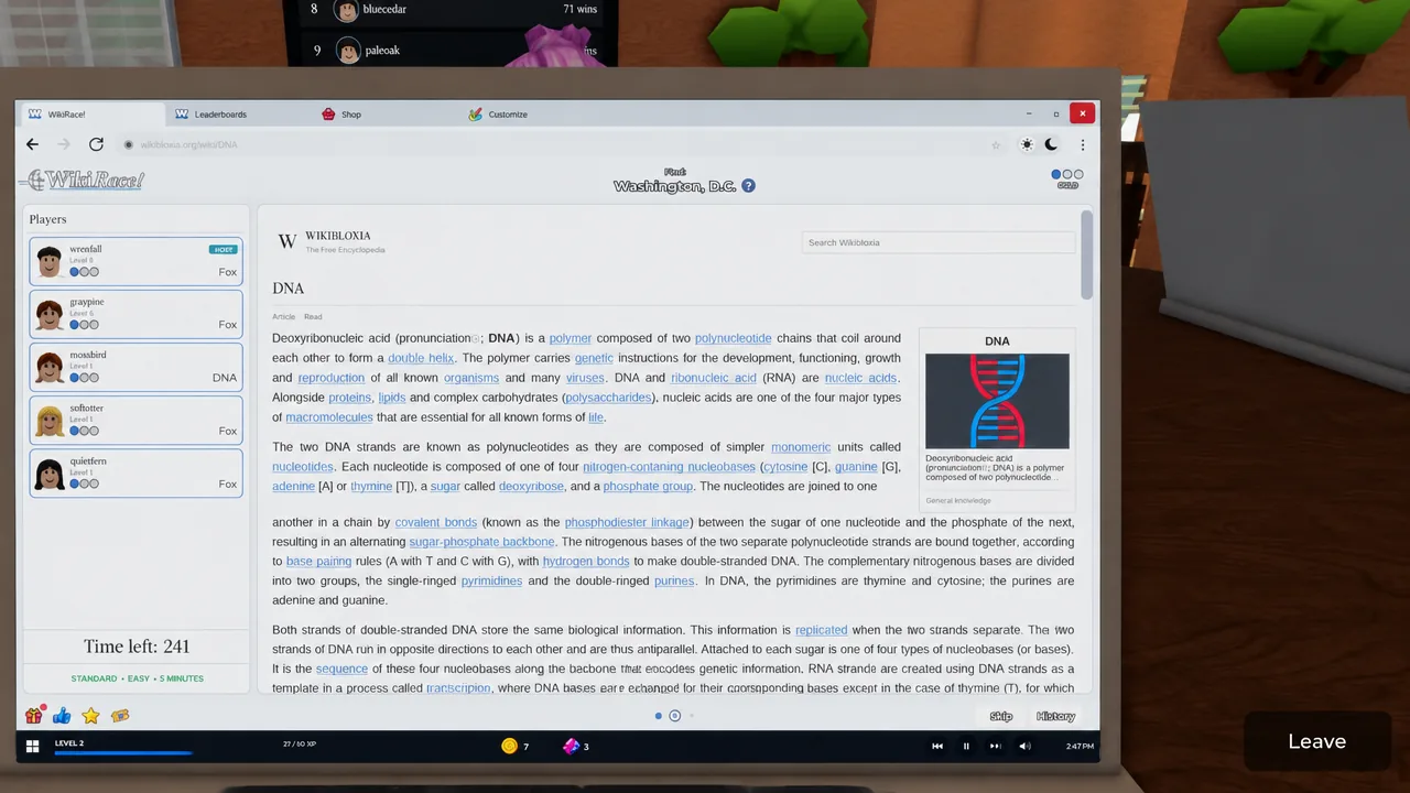 The DNA article open on the WikiRace browser during a live round