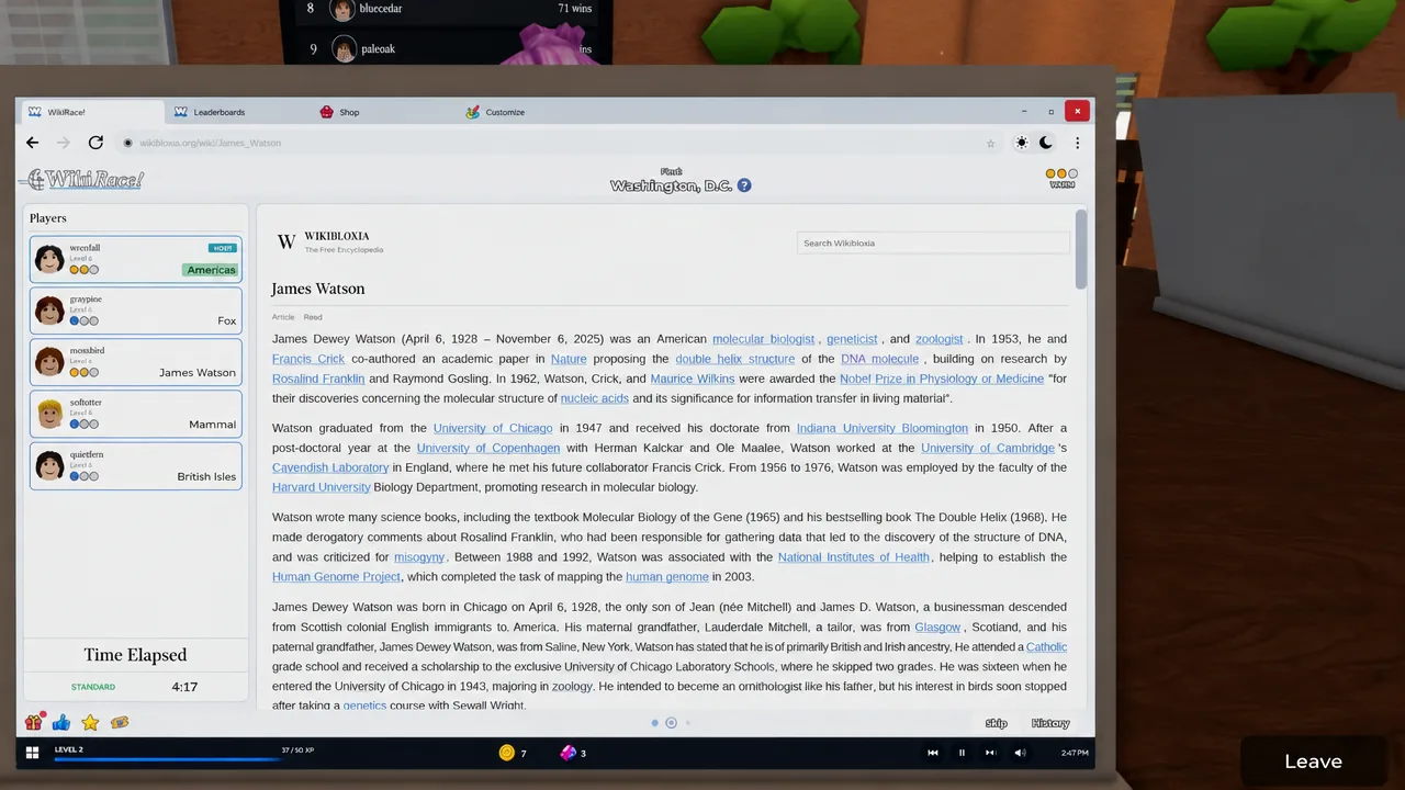 WikiRace race screen on the in-game laptop during a round