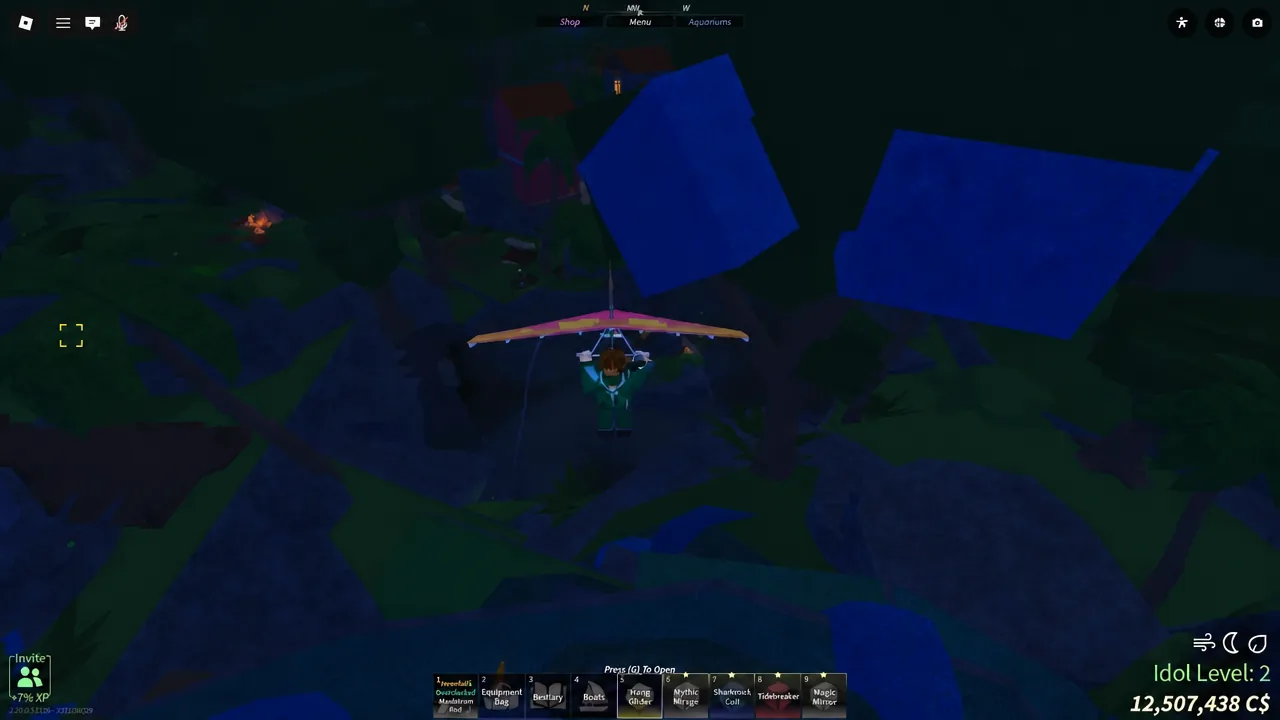 Glider item highlighted in the hotbar as the character glides above the map