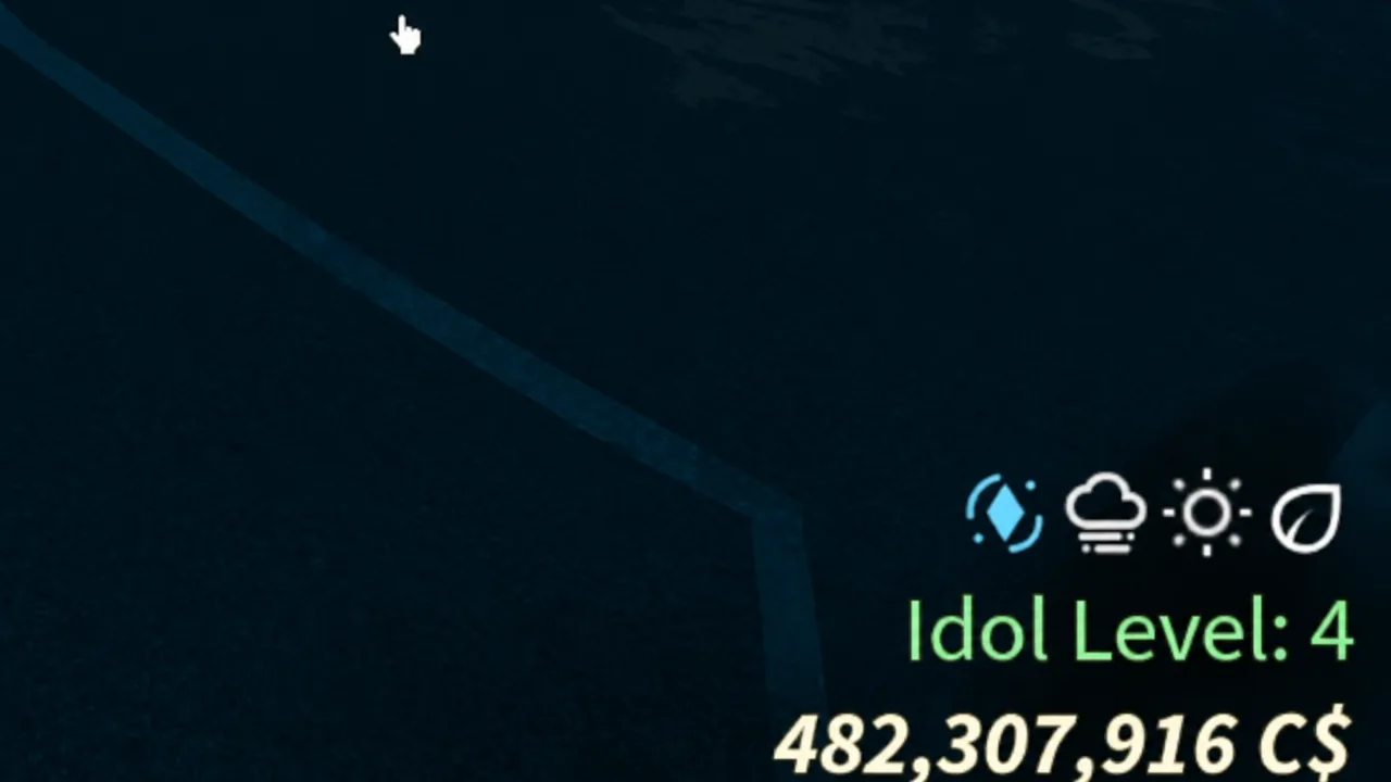 HUD showing Idol Level 4 progress and currency total during Skycrest fishing