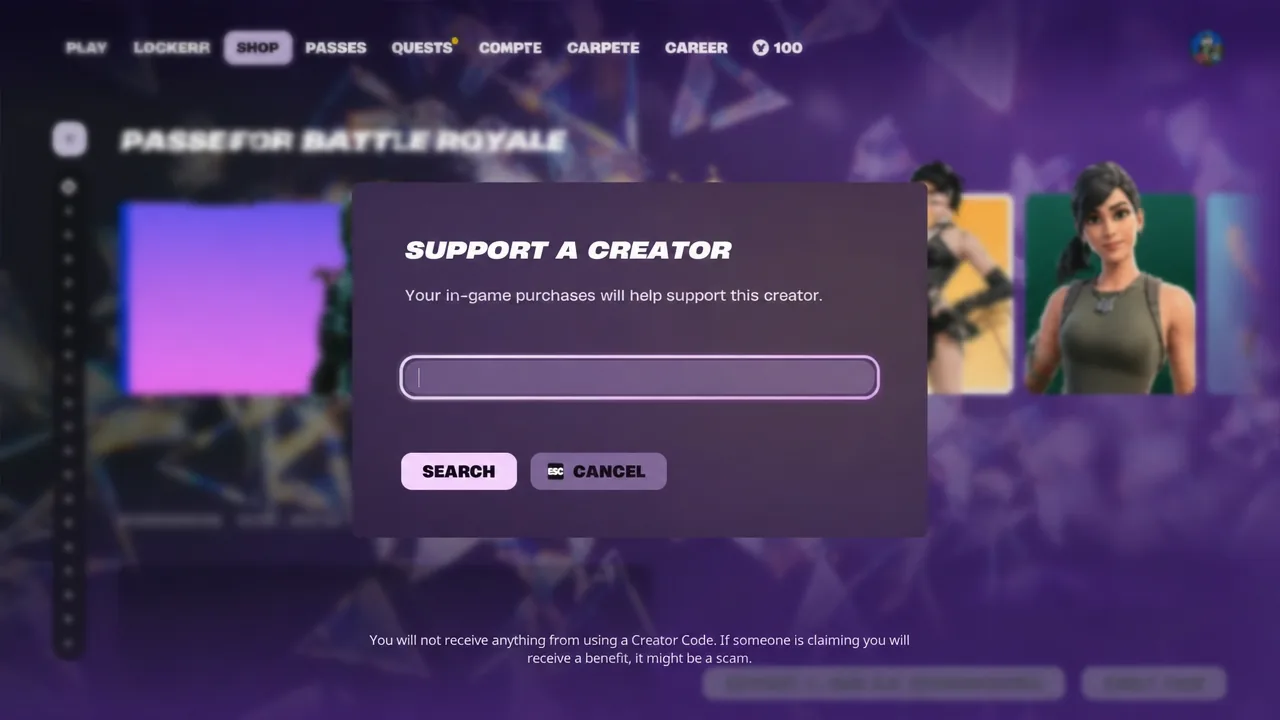 Fortnite Support a Creator dialog with the creator code entry field selected