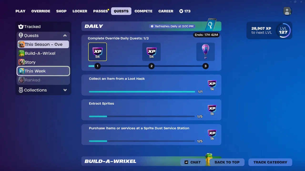Fortnite Quests menu with the This Week tab selected, showing quest progress before redeeming the code