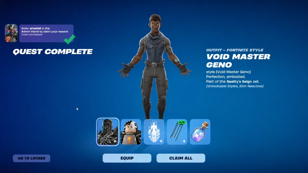 Quest Complete screen showing the Void Master Geno outfit with Equip and Claim All options