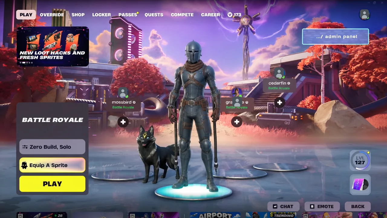 Fortnite Battle Royale lobby screen with the Equip A Sprite prompt highlighted