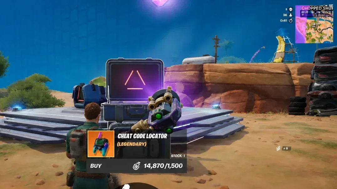 Service station purchase panel showing a Legendary Cheat Code Locator with a buy prompt