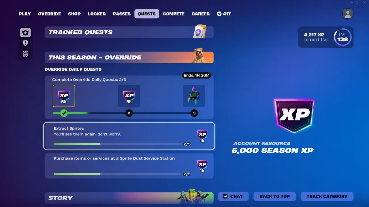 Override daily quest list with the Extract Sprites objective highlighted at 2 of 5 progress