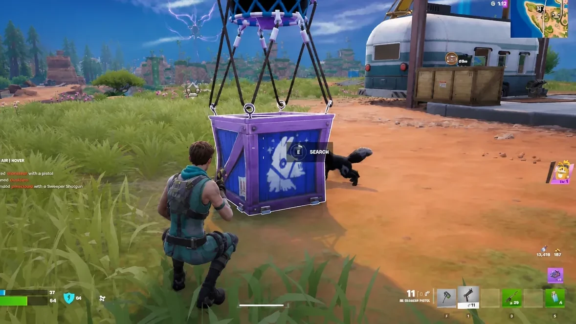 A Llama Supply Drop crate on the ground with the E search prompt highlighted