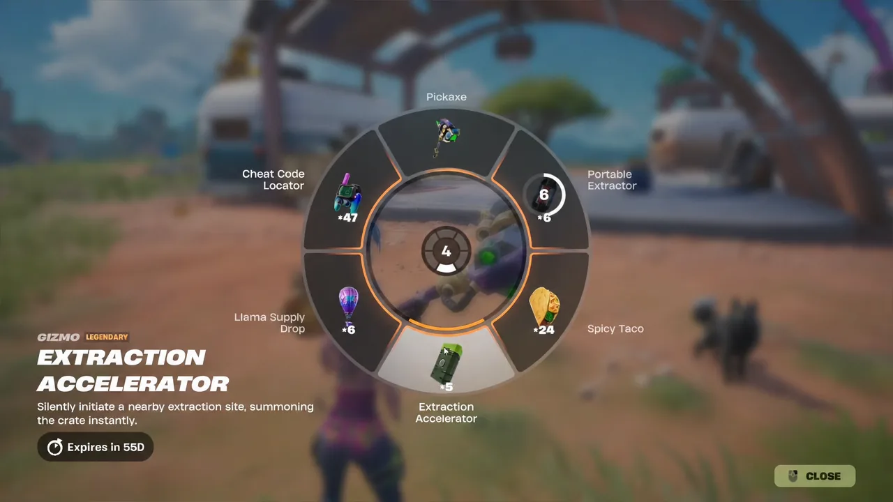 Gizmo wheel with the Extraction Accelerator highlighted and ready to activate at an Extraction Site