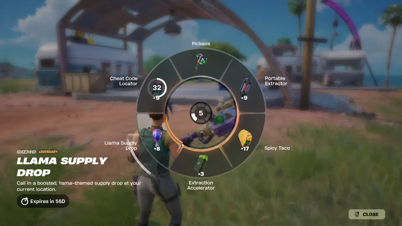 In-match Gizmo Wheel opened from the pickaxe slot, showing carried Gizmos and stack counts