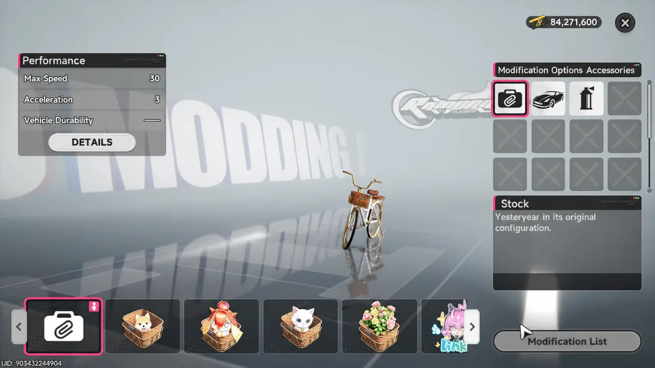 Modification Options accessories menu with the Stock configuration selected for the Yesteryear