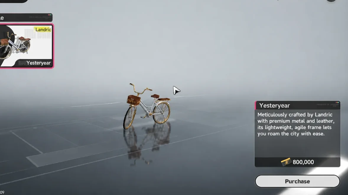 Yesteryear purchase screen showing the bicycle preview and the 800,000 price with a Purchase button