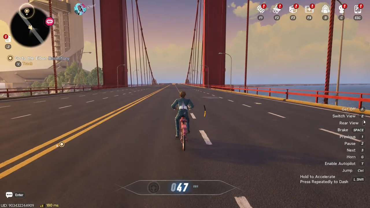 Riding the Yesteryear through the city with the bicycle control prompts shown on screen