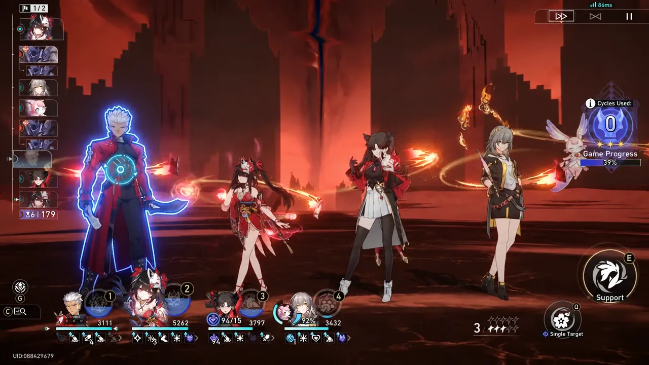 Knight 3 combat screen with the acting character highlighted and the full party lined up for its turn