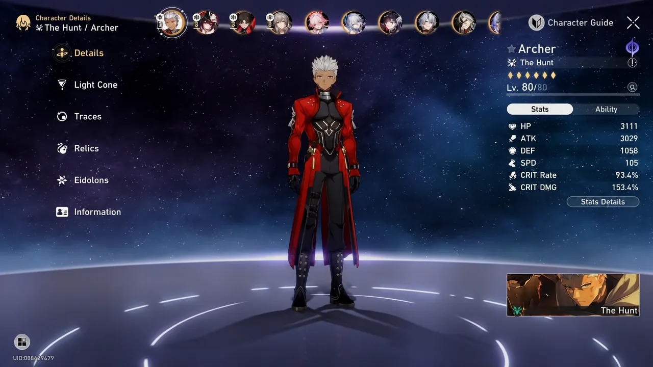 Archer's Character Details screen with the Details tab open and the full stats panel visible