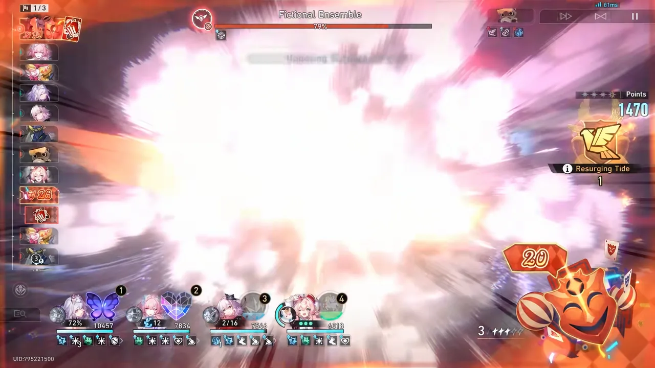 Aha Instant firing a wide attack animation across the Fictional Ensemble wave in Pure Fiction