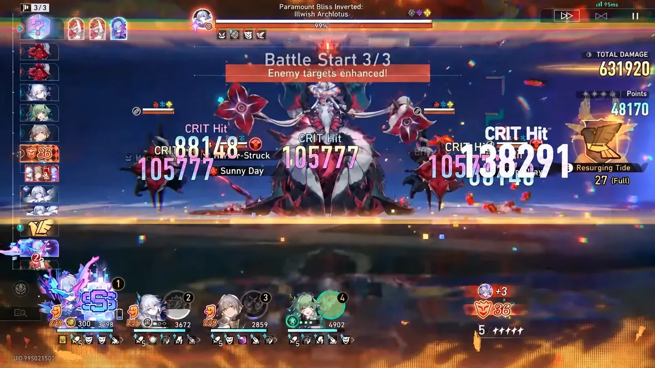 Third wave of node two with the tide counter full as critical damage lands on the boss