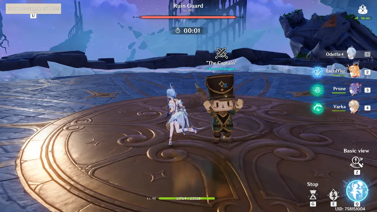 Damage test in progress against the Ruin Guard with the third team's rotation on screen