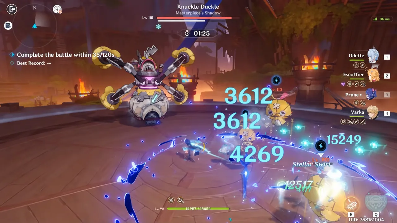 Attacking Knuckle Duckle with damage numbers and the battlefield countdown timer on screen