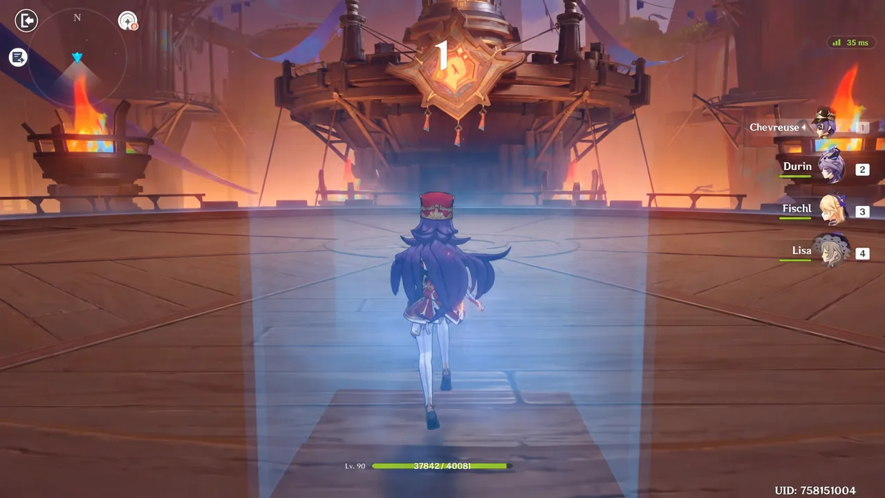 Durin moving through the Stygian Onslaught arena with party status shown during the Veteran Wind Operative fight