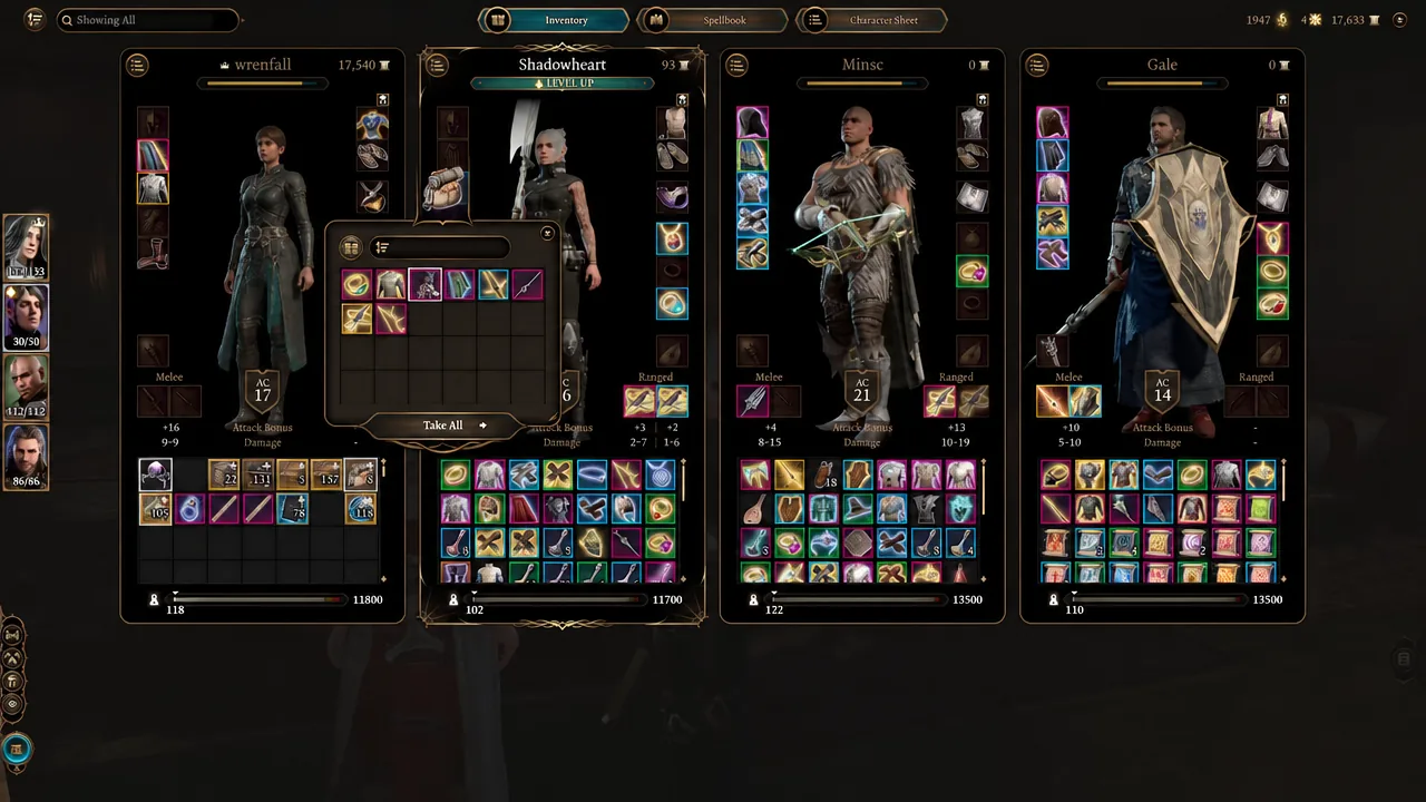 Inventory screen with the Take All button available while looting an open container into party inventories.