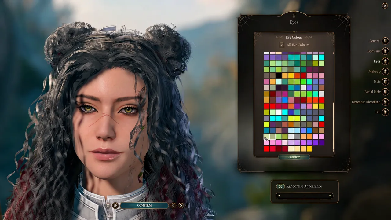Eyes screen showing the Eye Colour palette with a new swatch selected before confirming.