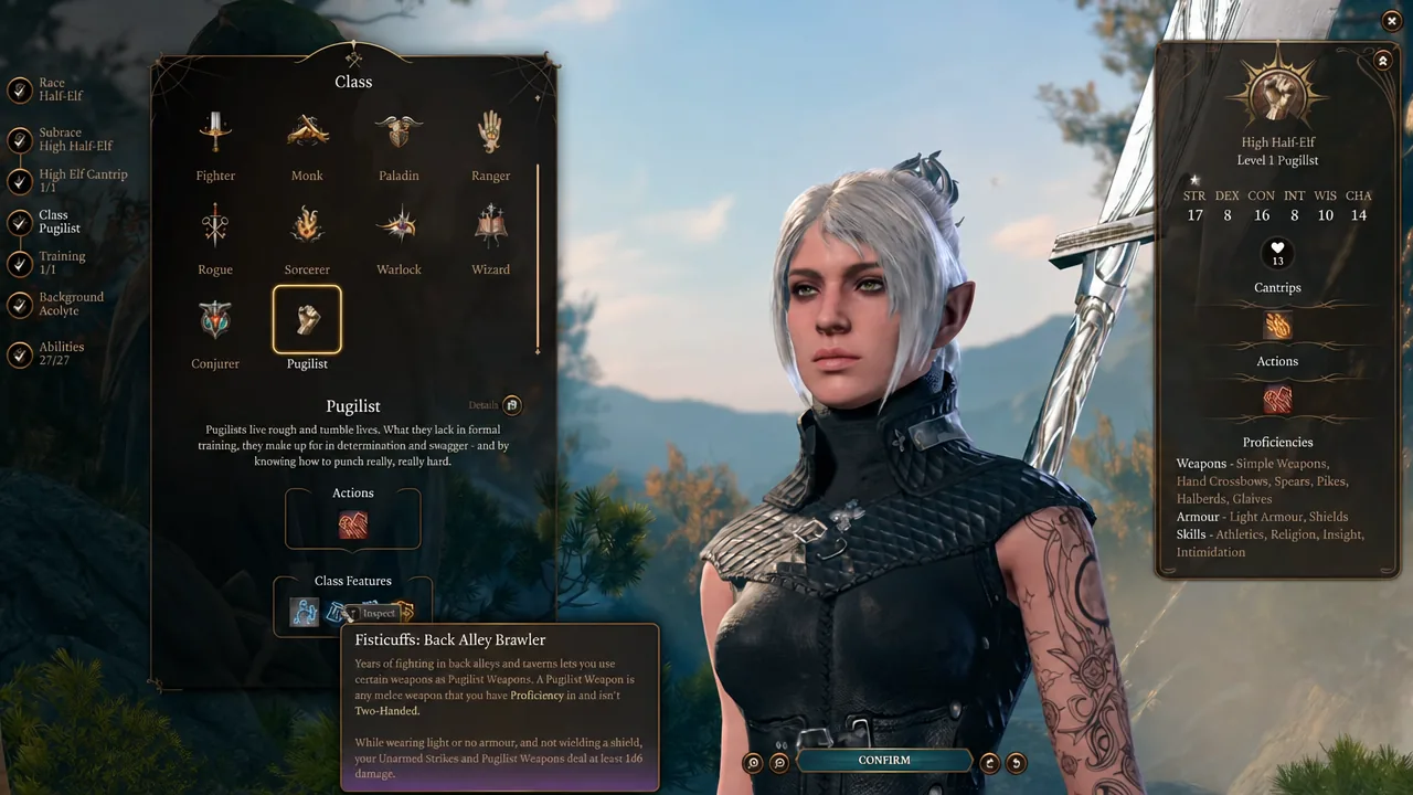 The Class selection screen with the Pugilist highlighted and its details shown before confirming.